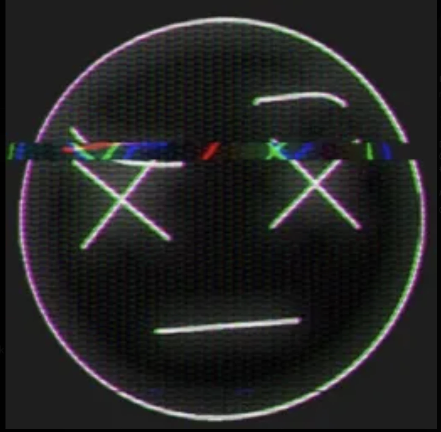 MJ’s X-eyed glitch face on a dark CRT background