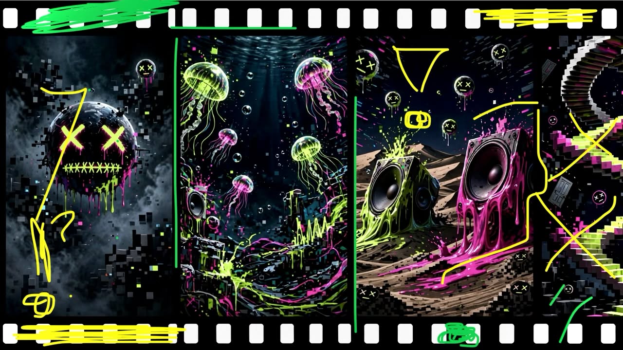 Neon jellyfish, speakers and glitch worlds